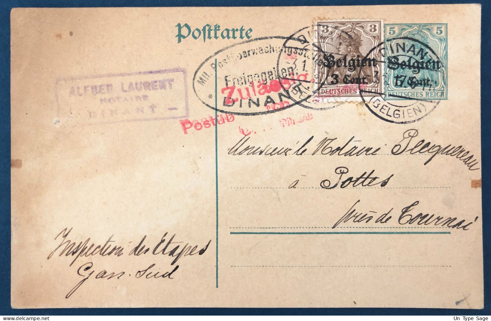 Belgique, Entier-carte (occupation) + Complément De Dinant 1917 + Censure Dinant - (A220) - Other & Unclassified