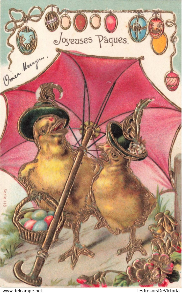 FANTAISIES -Deux Oiseaux Sous Un Parapluie - Colorisé - Carte Postale Ancienne - Animali Abbigliati