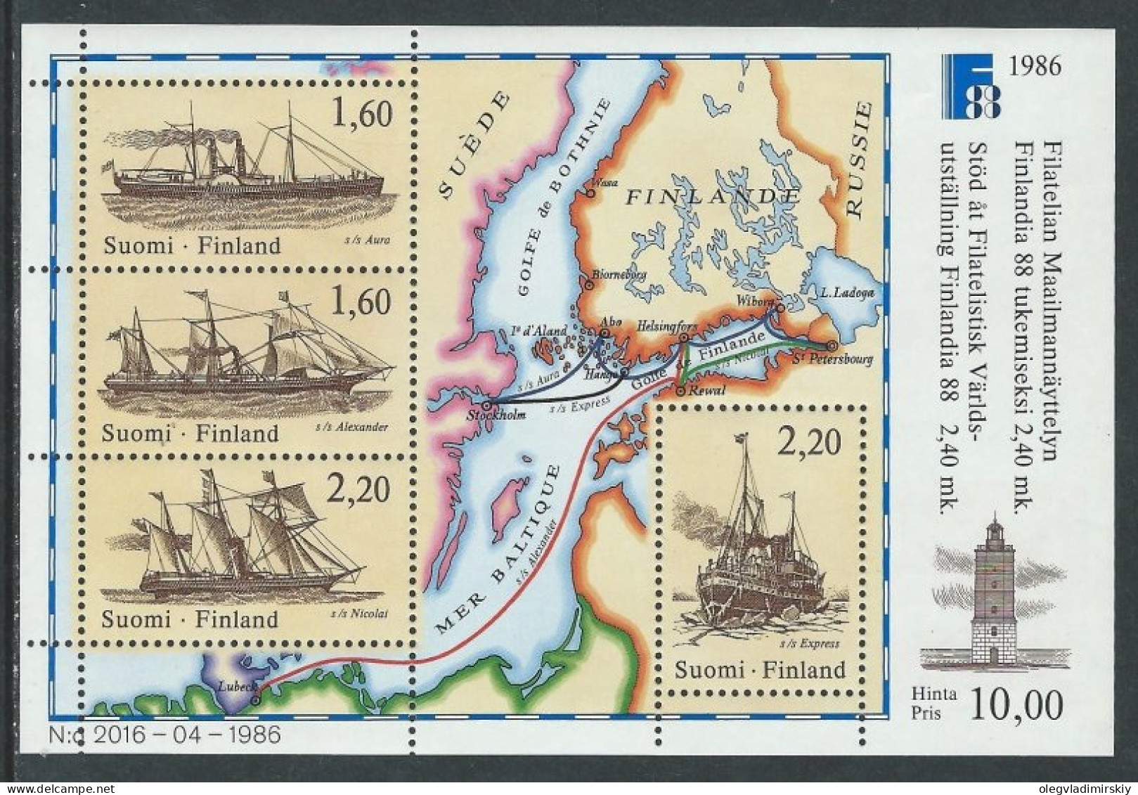 Finland Finnland Finlande 1986 History Of Post Dispatch Post Ships Finlandia-88 Exhibition Set Of 4 Stamps In Block - Blocs-feuillets