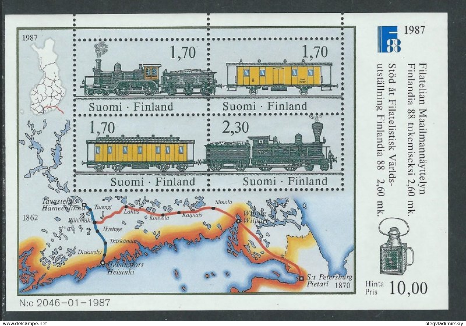 Finland Finnland Finlande 1987 History Of Post Dispatch Post Trains Finlandia-88 Exhibition Set Of 4 Stamps In Block - Blocks & Sheetlets