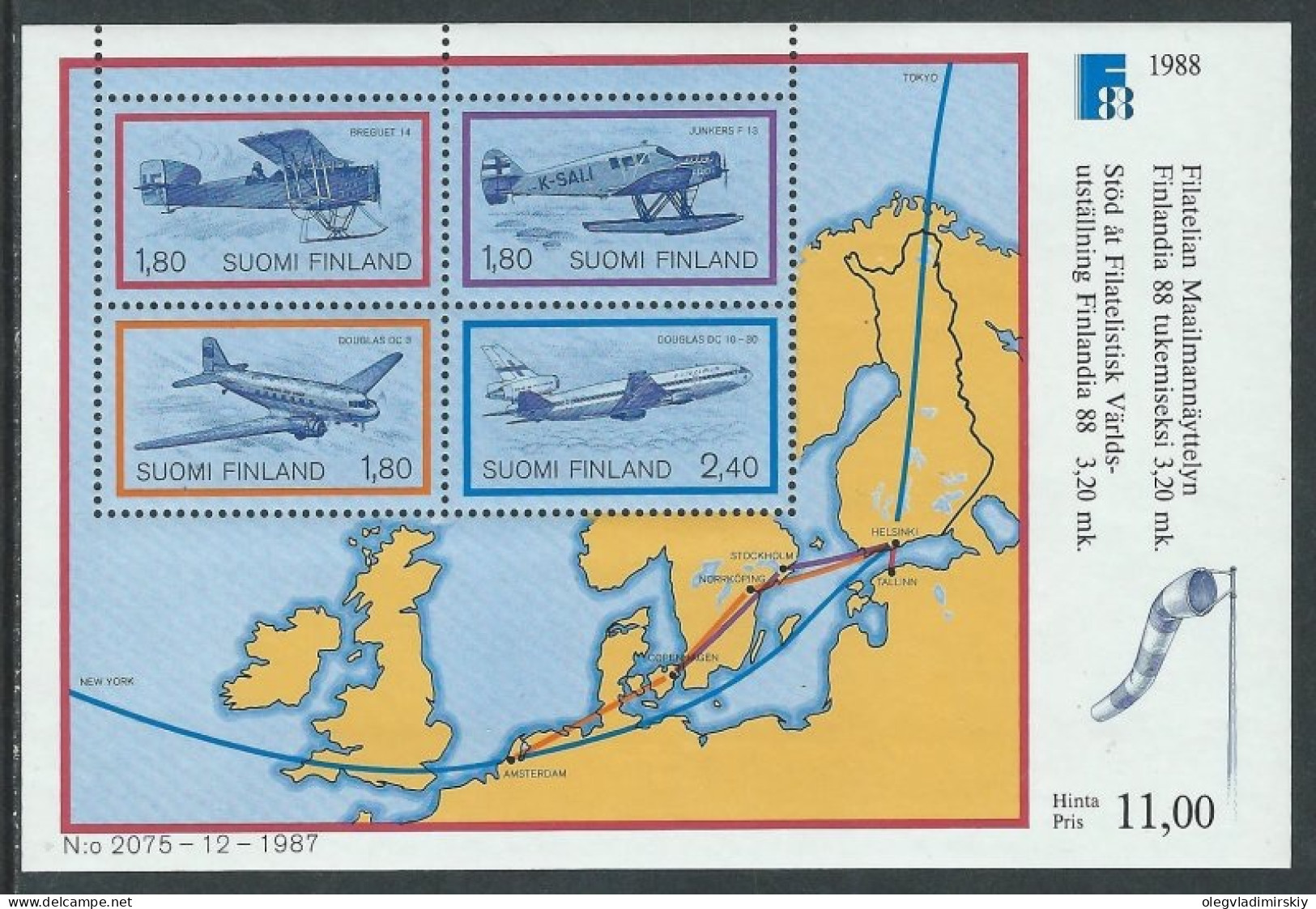 Finland Finnland Finlande 1988 History Of Post Airmail Airplanes Finlandia-88 Exhibition Set Of 4 Stamps In Block - Blocks & Sheetlets