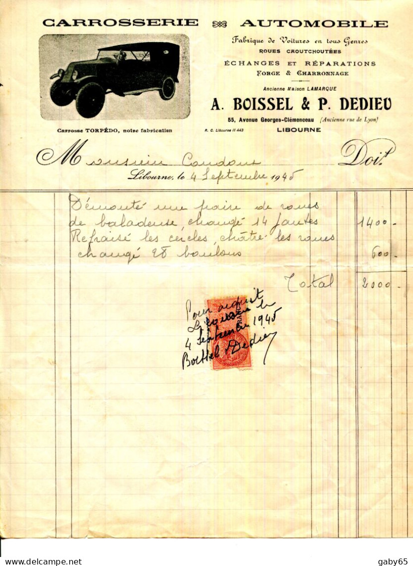 FACTURE.33.LIBOURNE.FABRIQUE DE VOITURES.CARROSSERIE.A.BOISSEL & P.DEDIEU 65 AVENUE GEORGES CLEMENCEAU. - Cars