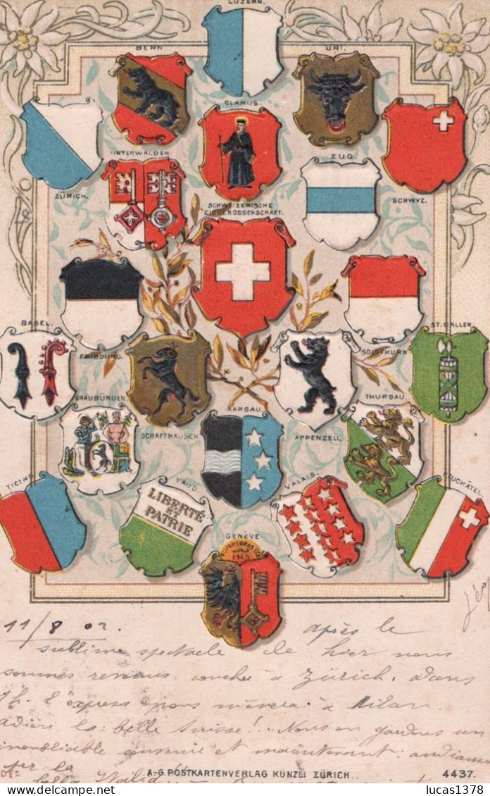 SUISSE Les Cantons Suisses Blasons Belle CARTE GAUFFREE 1904 Kunzli Zurich - St. Anton