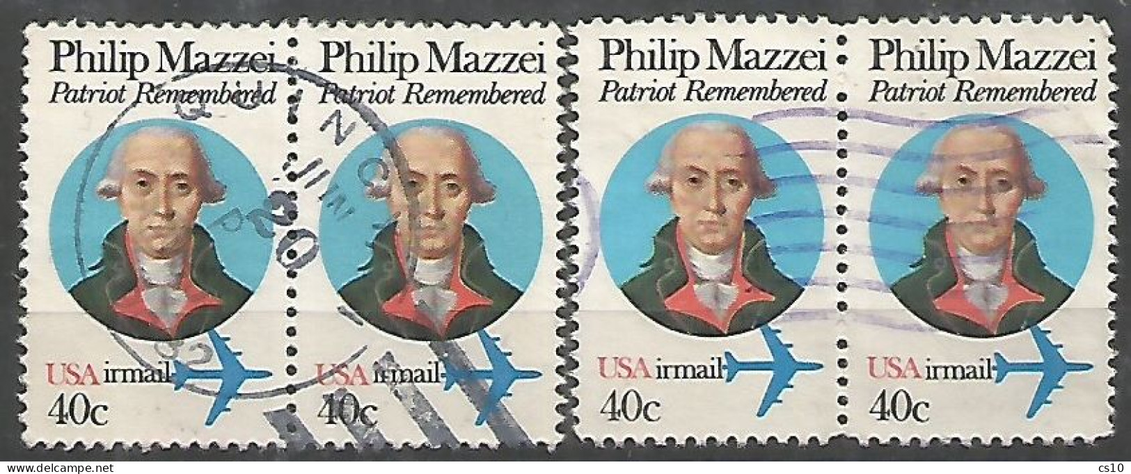 USA 1980 AirMail Philip Mazzei Patriot Cpl 2v Issue Perf.Line+block Sc.#C98 - Used VFU In Horizonthal Pairs - 3a. 1961-… Afgestempeld