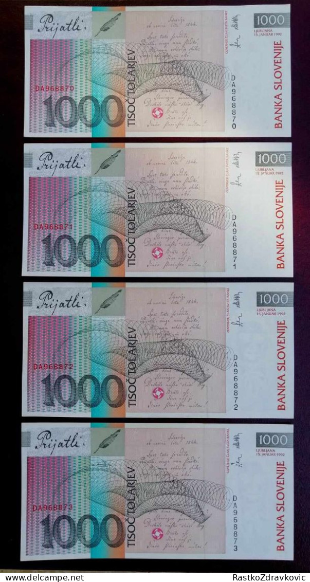 SLOWENIA+1000 TOLARJEV+1992 DA+P-17a+UNC LOT 4 PCS+SEQUENCE NUMBERS+RARE - Slovenia