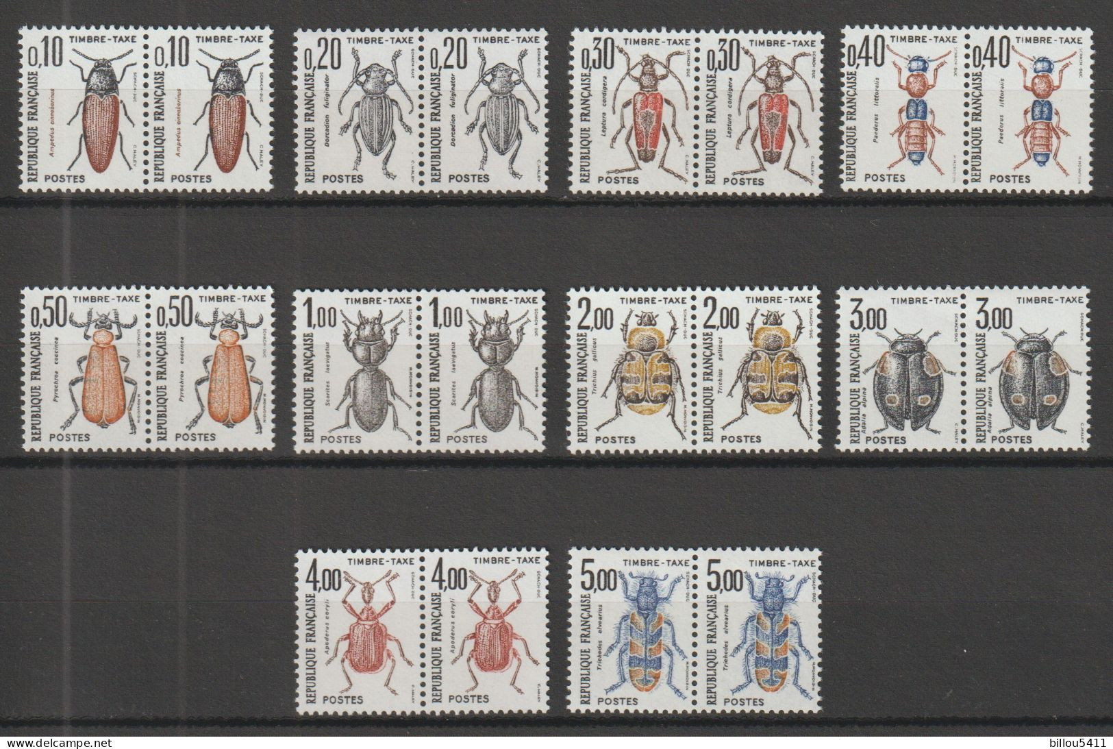 France 1982 1983 Timbres Taxe N° 103/112 Neufs Par Paire  " Insectes  Coléoptères " - 1960-.... Neufs