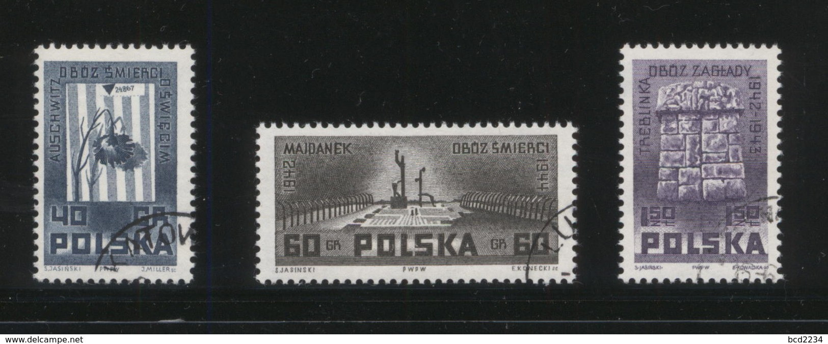 POLAND 1962 MONUMENTS TO AUSCHWITZ TREBLINKA MAJDANEK USED WW2 NAZI GERMANY THIRD REICH DEATH CAMPS Judaica Militeria - Used Stamps (without Tabs)