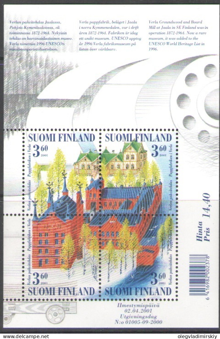 Finland Finnland Finlande 2001 UNESCO World Heritage Verla Old Factory Set Of 4 Stamps Block Mint - Hojas Bloque