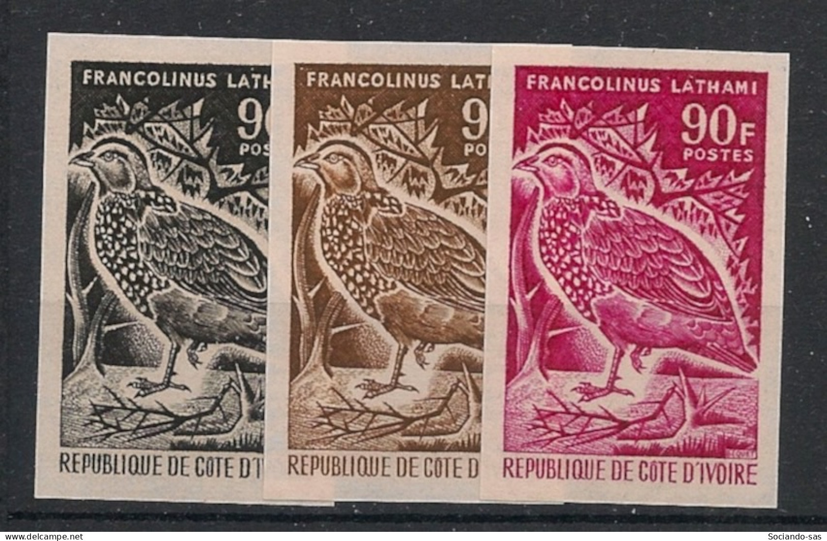 COTE D'IVOIRE - 1966 - N°YT. 252 - Oiseau 90f - 3 Essais Non Dentelé / Imperf. Essays - Neuf Luxe ** / MNH - Côte D'Ivoire (1960-...)