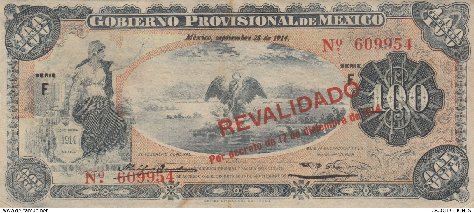 CRBX250 BILLETE MEXICO REVALIDADO 100 PESOS 1914 BC - Mexique