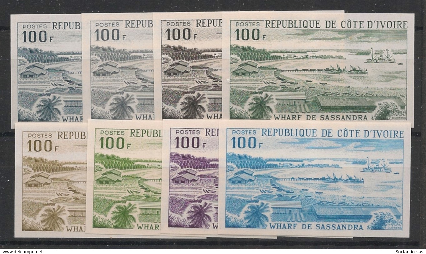 COTE D'IVOIRE - 1975 - N°YT. 385 - Wharf - 8 Essais Non Dentelé / Imperf. Essays - Neuf Luxe ** / MNH - Côte D'Ivoire (1960-...)