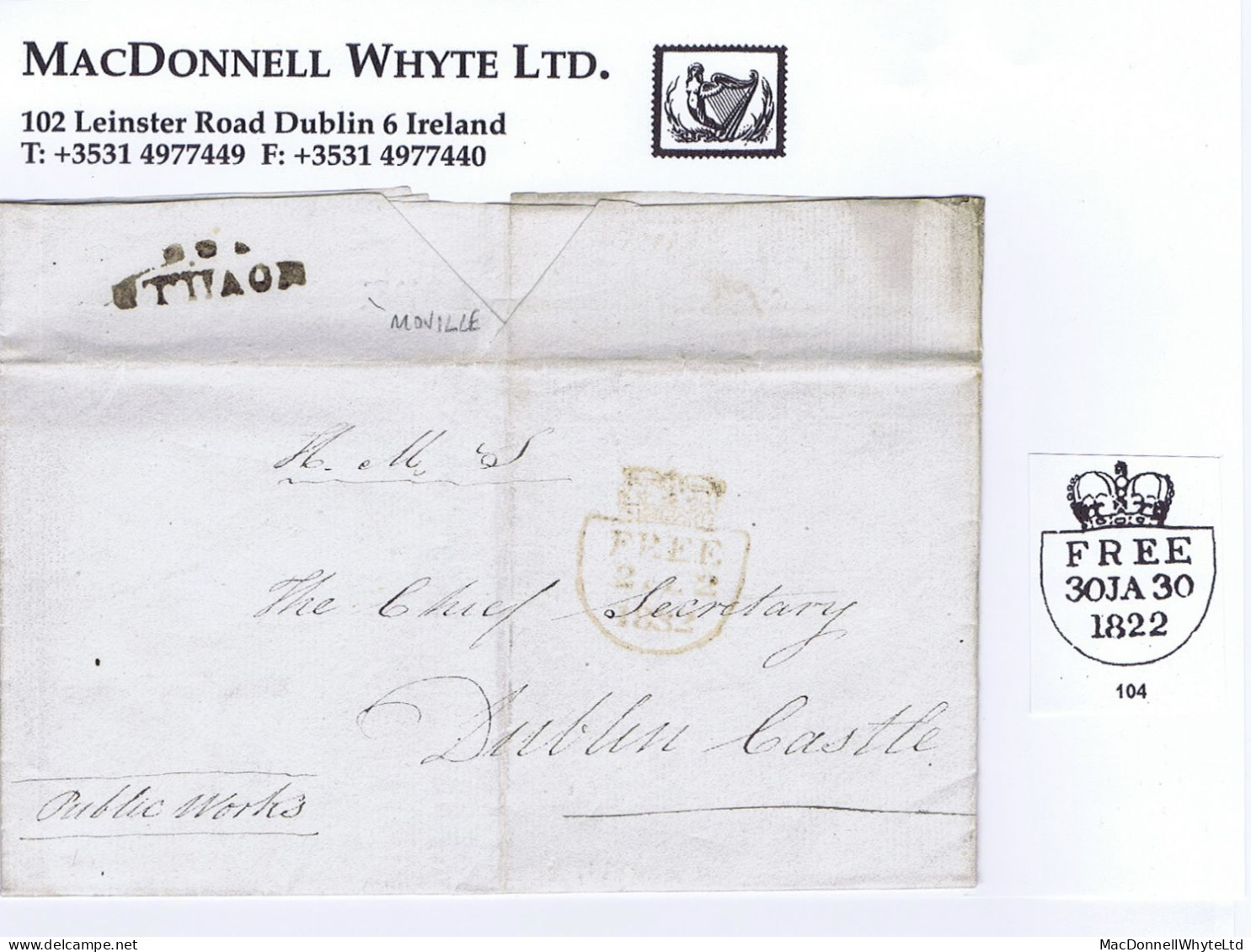 Ireland Official Free Donegal 1832 Letter Greencastle To OPW At Dublin Castle With MOVILLE/133 And "Spade" FREE - Préphilatélie