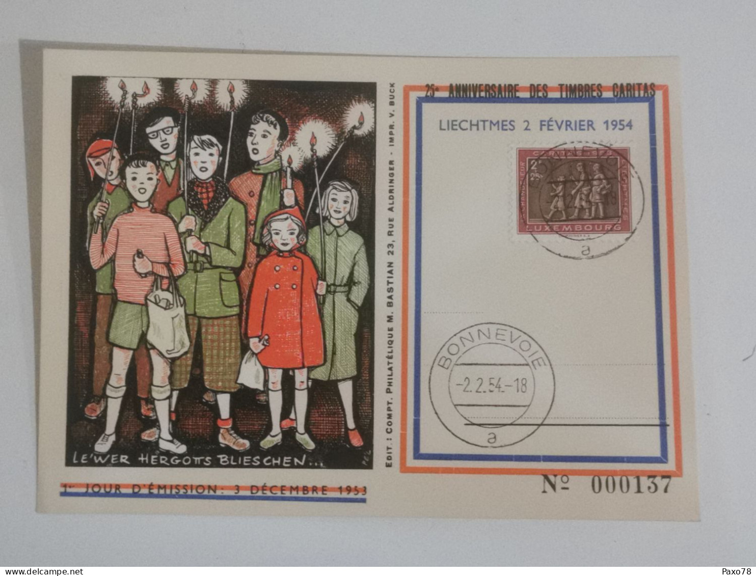 1er Jour D'émission 1953, Liechtmes 1954, Caritas. Oblitéré Bonnevoie - Cartes Commémoratives