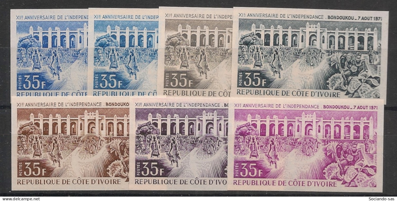 COTE D'IVOIRE - 1971 - N°YT. 321 - Indépendance - 7 Essais Non Dentelé / Imperf. Essays - Neuf Luxe ** / MNH - Côte D'Ivoire (1960-...)