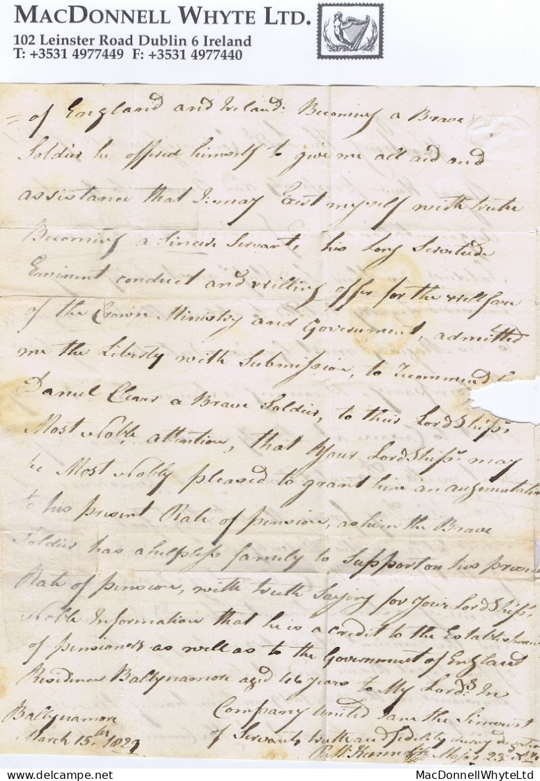 Ireland Military Leitrim 1829 Letter BALLINAMORE/83 Mileage To London Allowed Free Signed Major Kennedy 23rd Regt - Prephilately