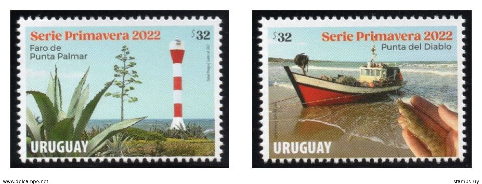 URUGUAY 2022 (Fishing, Ship, Boat, Lighthouse, Animal, Prawn, Penaeus Paulensis, Aloe, Succulent Plant) - Set (2 Stamps) - Lighthouses