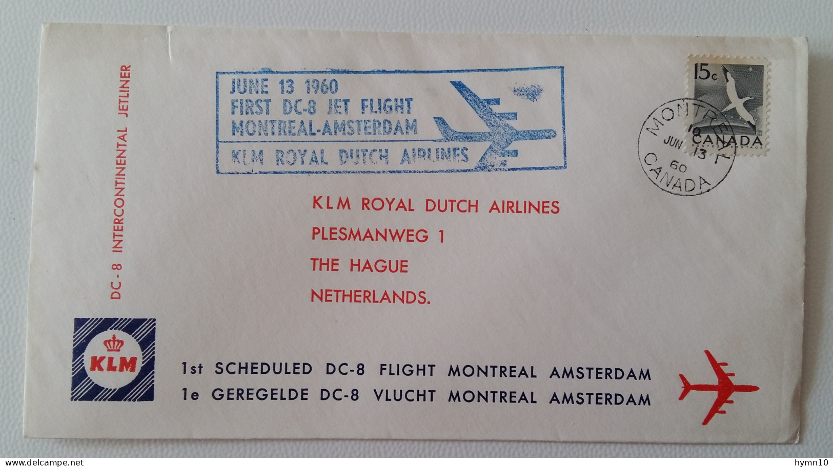 1960 CANADA AIR MAIL Cover+1° DC 8 JET FLIGHT MONTREAL-AMSTERDAM+15c-D893 - Storia Postale