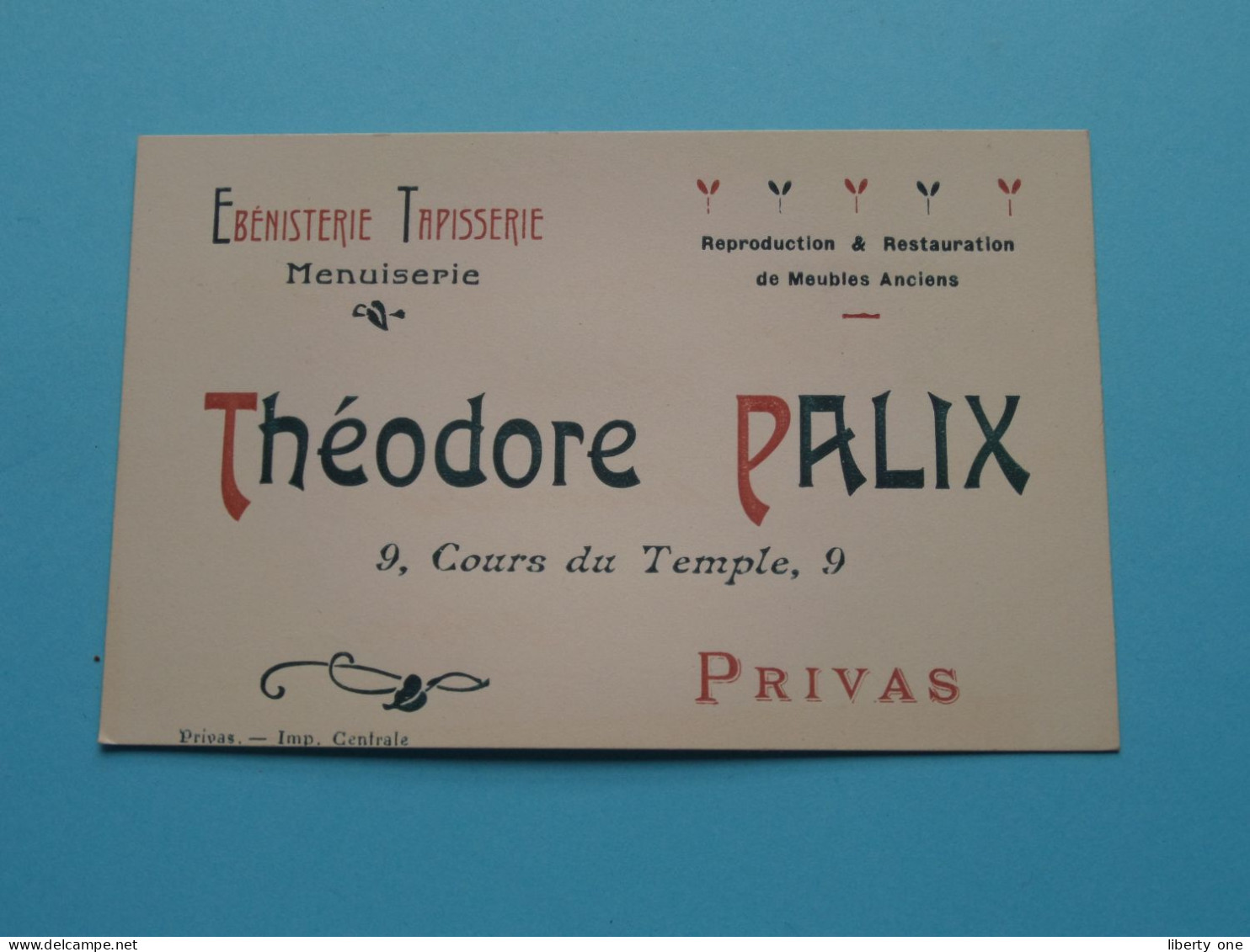 Théodore PALIX ( Ebénisterie Tapisserie Menuiserie ) PRIVAS - 9 Cours Du Temple ( Voir / Zie Scan ) ! - Visiting Cards