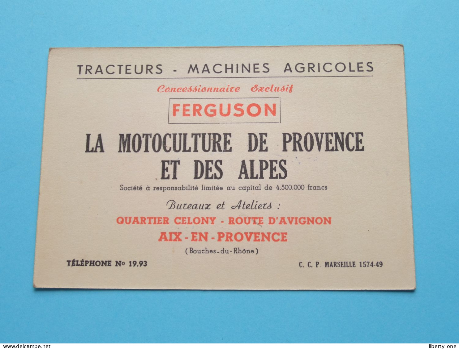 LA MOTOCULTURE De PROVENCE Et Des ALPES ( FERGUSON ) AIX-en-Provence ( Voir / Zie Scan ) ! - Visitekaartjes