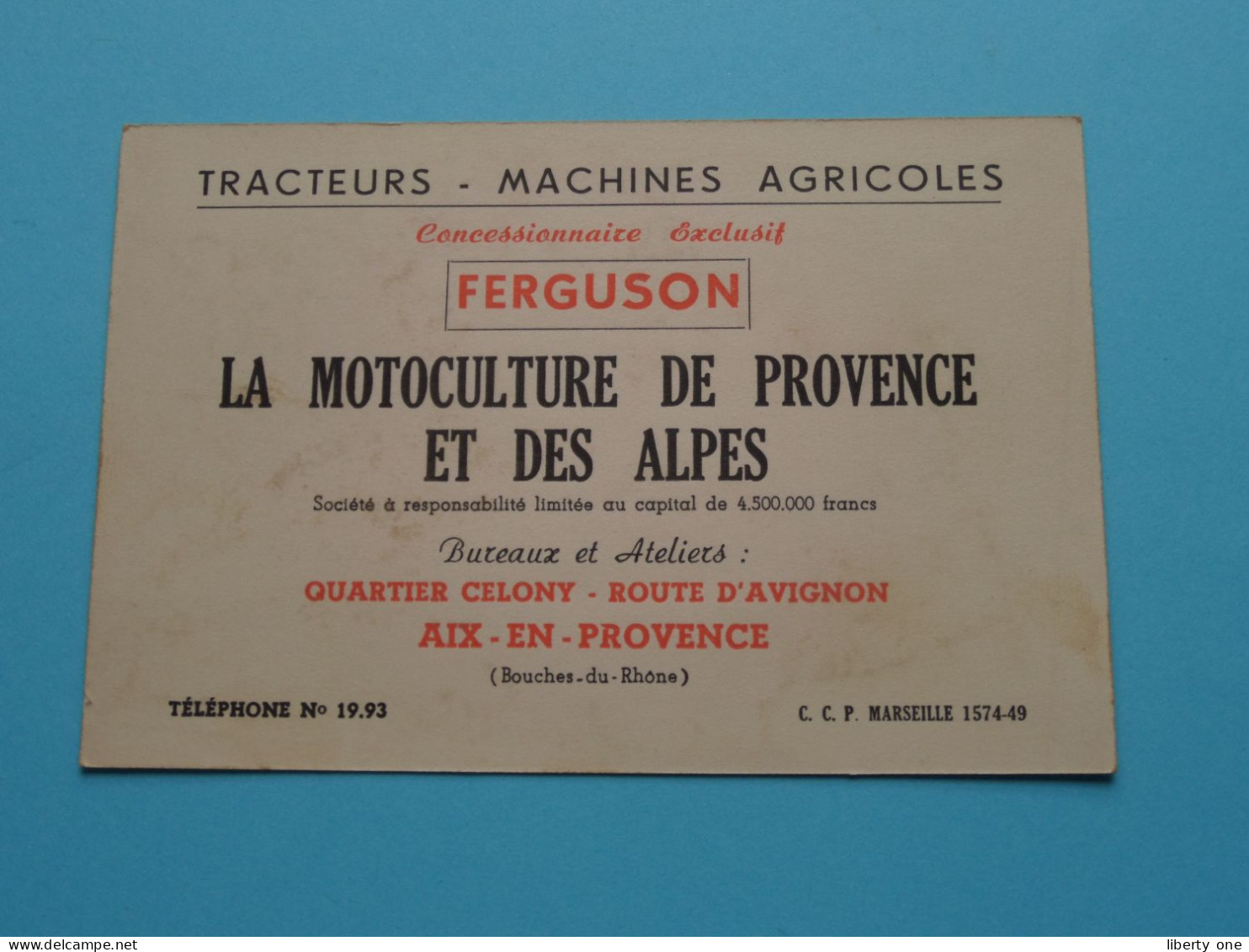 LA MOTOCULTURE De PROVENCE Et Des ALPES ( FERGUSON ) AIX-en-Provence ( Voir / Zie Scan ) ! - Visitekaartjes