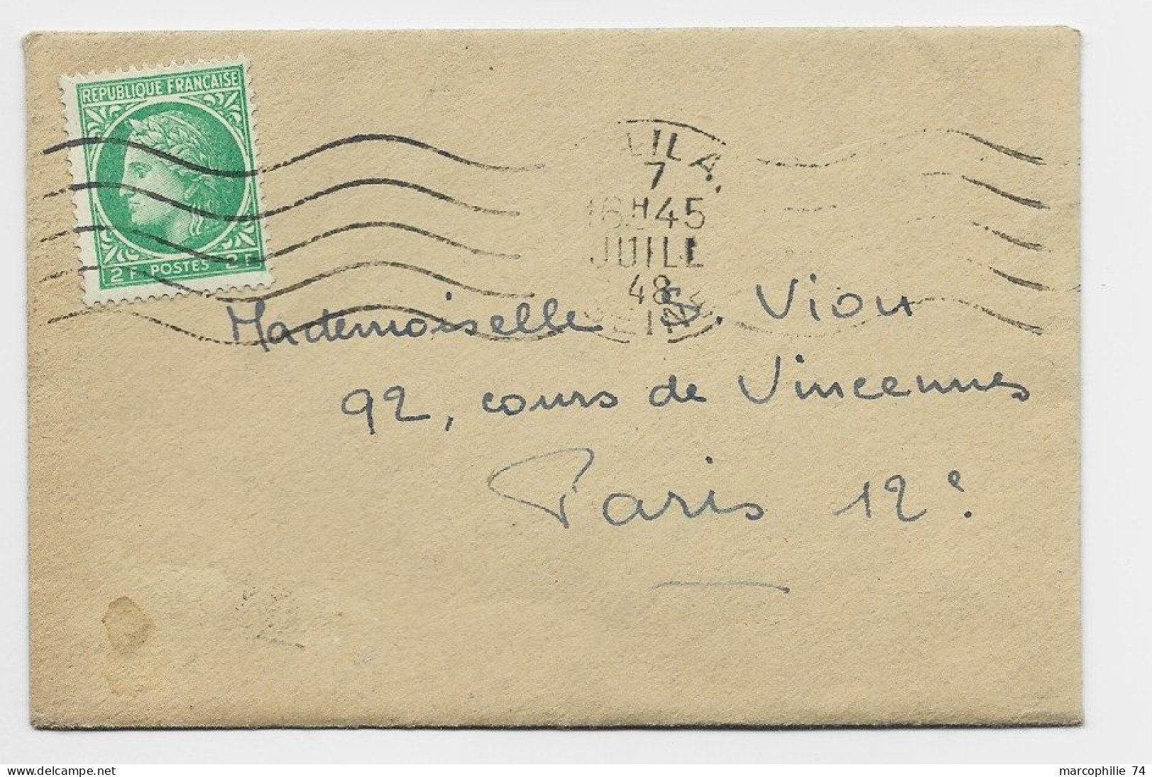 FRANCE MAZELIN 2FR SEUL MIGNONNETTE MEC LES LILAS 7 JUIL 1948 AU TARIF - 1945-47 Cérès De Mazelin