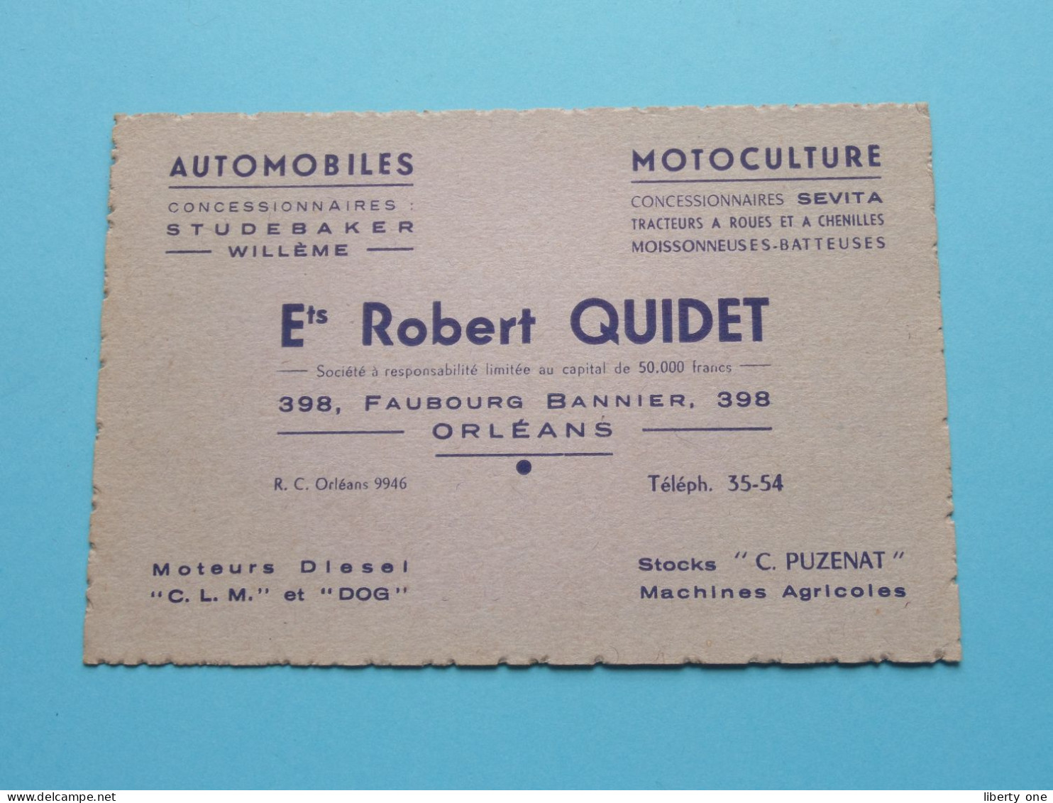 Ets. Robert QUIDET > Automobiles Motoculture ( Tél 35-54 ) ORLEANS ( Voir / Zie Scan ) ! - Visiting Cards