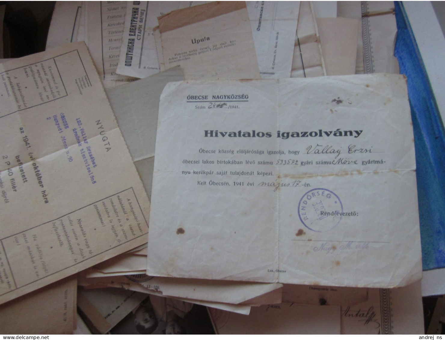 Hivatalos Igazlovnay Obecse Stari Becej 1941 WW2 Okupation Official Identification For Owning A Brand Bicycle Move - Moto