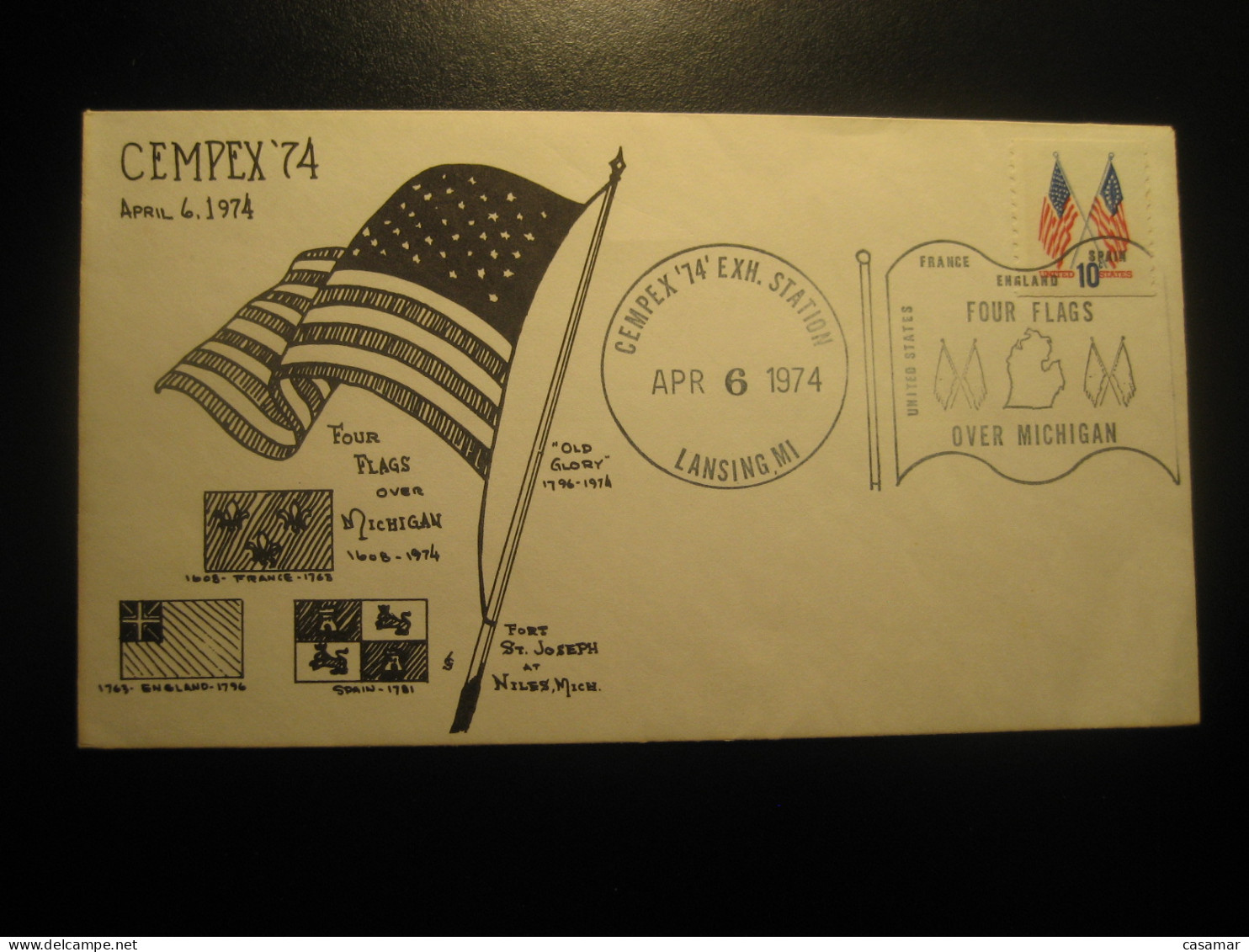 LANSING 1974 Four Flags Over Michigan France England Spain United States Cancel Cover USA - Enveloppes