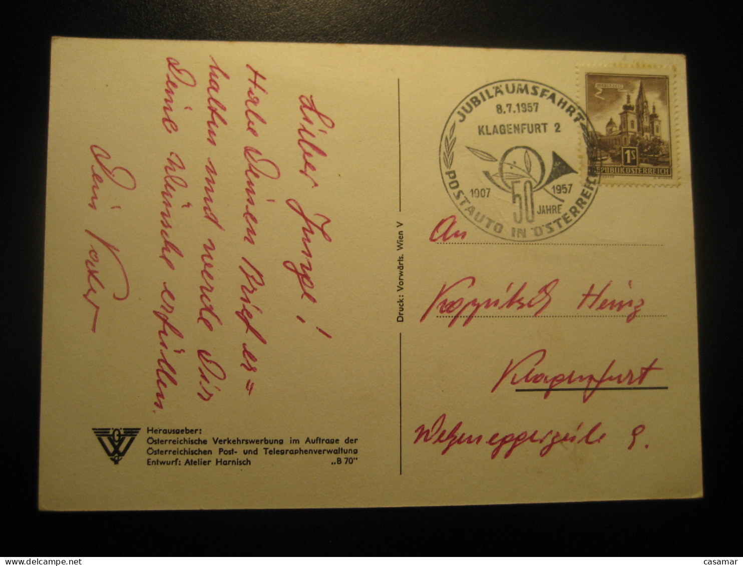 KLAGENFURT 8.7.1957 Postbus Post Bus 50 Year Anniversary Trip Cancel Postcard AUSTRIA Coach Autobus Autocar - Busses