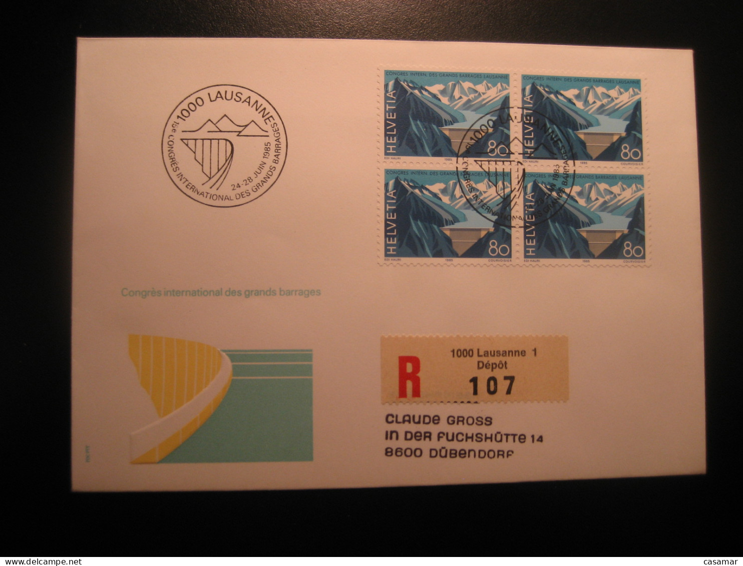 LAUSANNE 1985 Barrages Barrage Dam Dams Geology Registered FDC Bloc Of 4 Cancel Cover SWITZERLAND - Autres & Non Classés