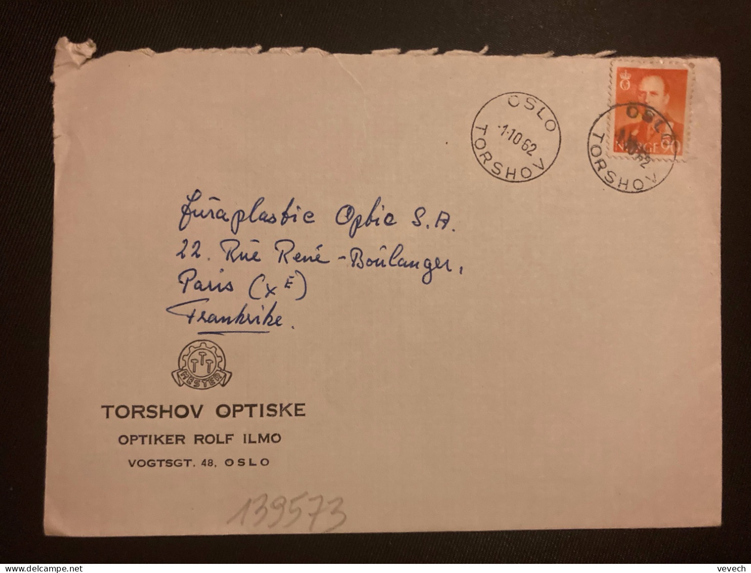 LETTRE TORSHOV OPTISKE Pour La FRANCE TP 90 OBL.1 10 62 OSLO TORSHOV - Briefe U. Dokumente