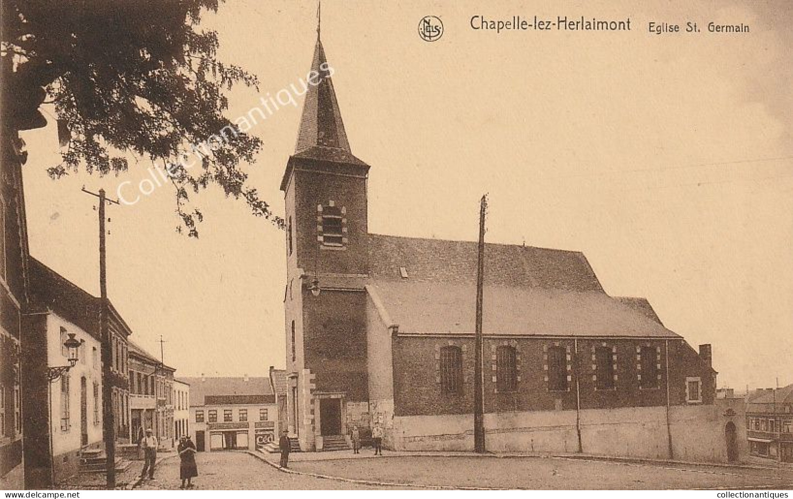 CPA Chapelle-lez-Herlaimont - Eglise St-Germain - Edition: A. Hut-Delhoux - Non Circulée - Divisée - TTB - Animée - Chapelle-lez-Herlaimont