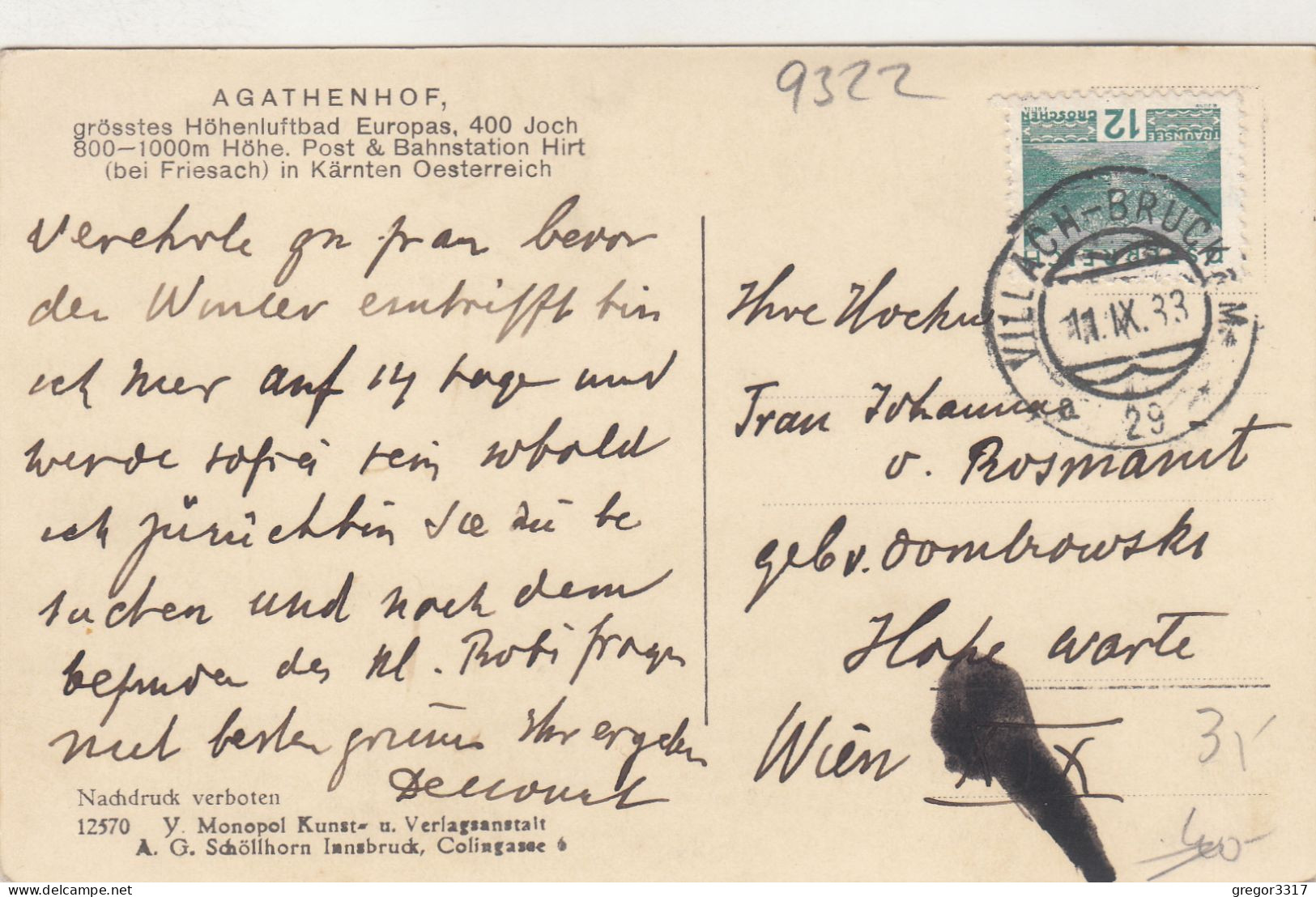 D4231) Höhenluftbad AGATHENHOF HIRT Bei FRIESACH - Kärnten - ALT ! 1933 - Friesach