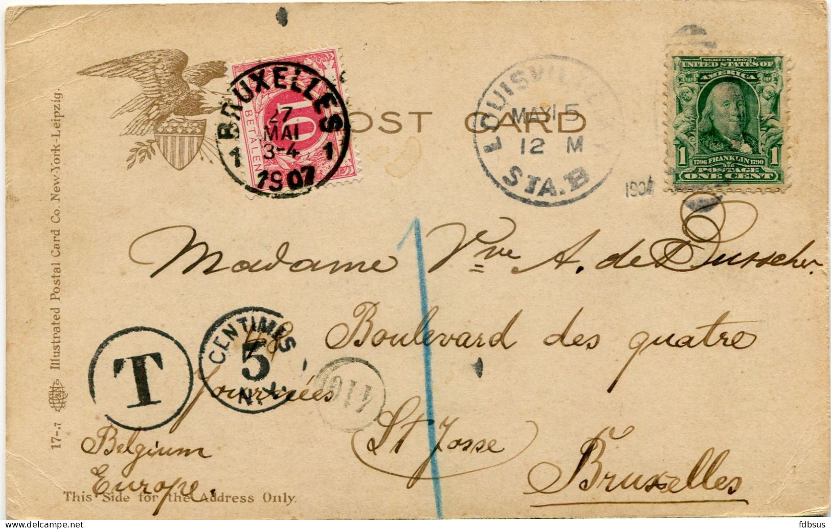 1907 City Hall Lousville Ky - Card To Belgium With 2 TAX 5 Centimes Cachets + 10c BRUXELLES - Louisville