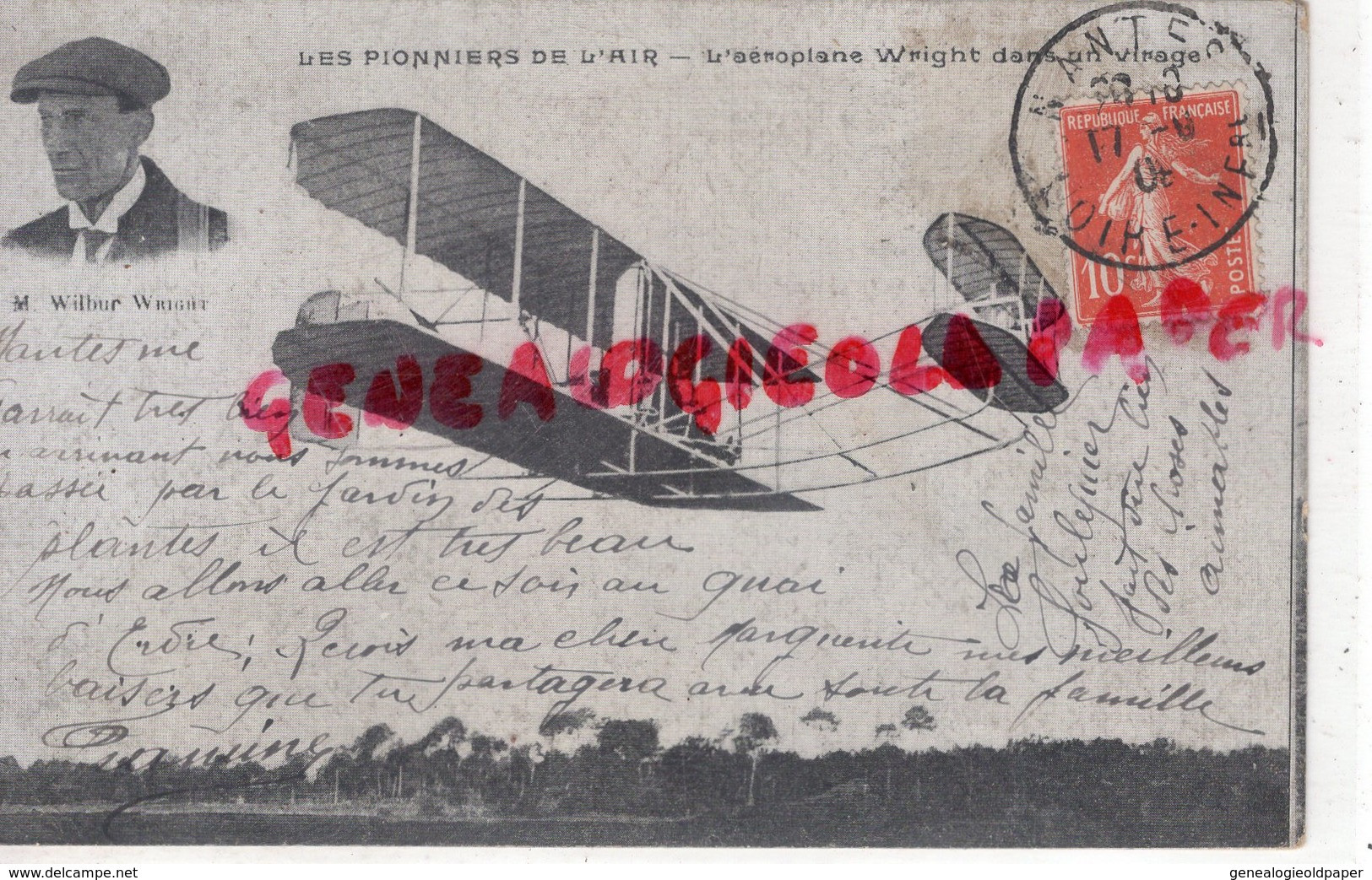 AVIATION - L' AEROPLANE WILBUR WRIGHT DANS UN VIRAGE- AVION - CACHET POSTE NANTES 1908 - Airmen, Fliers