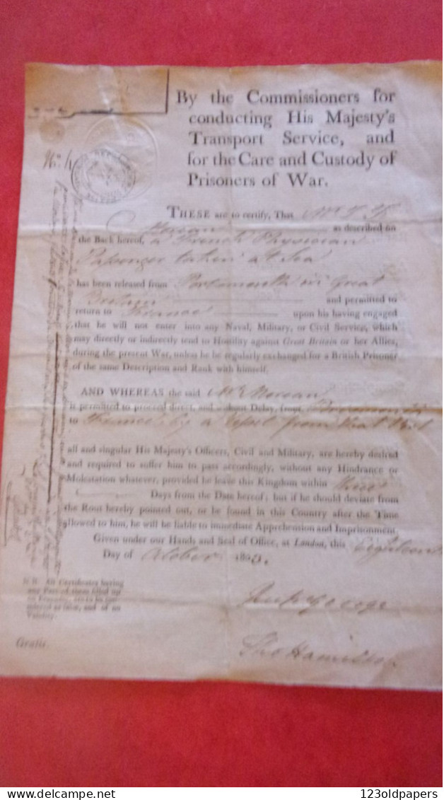 Rare Marque Transport Office - Prisoners Of War 18 OCT 1803  Pour Prisonnier JF MOREAU à Bord  Navire Anglais MORLAIX BR - Documents Historiques