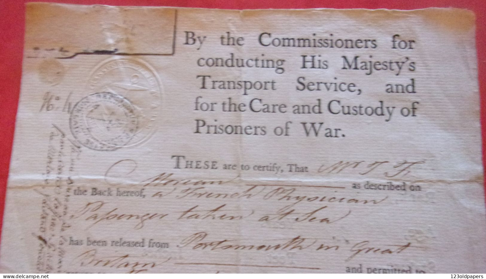 Rare Marque Transport Office - Prisoners Of War 18 OCT 1803  Pour Prisonnier JF MOREAU à Bord  Navire Anglais MORLAIX BR - Documents Historiques