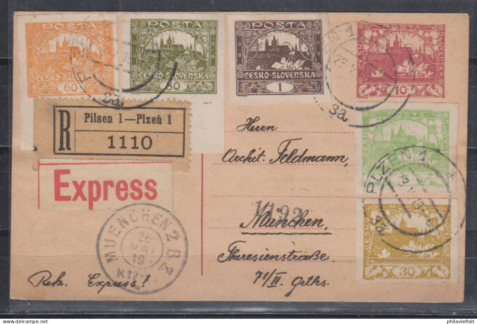 CSSR Ganzsachenkarte P 10 In Seltener Sonderverwendung Als R-Eil-Karte Pilsen 1/23.V.19 ZuF 2,618,20,21 Nach München - Cartes Postales