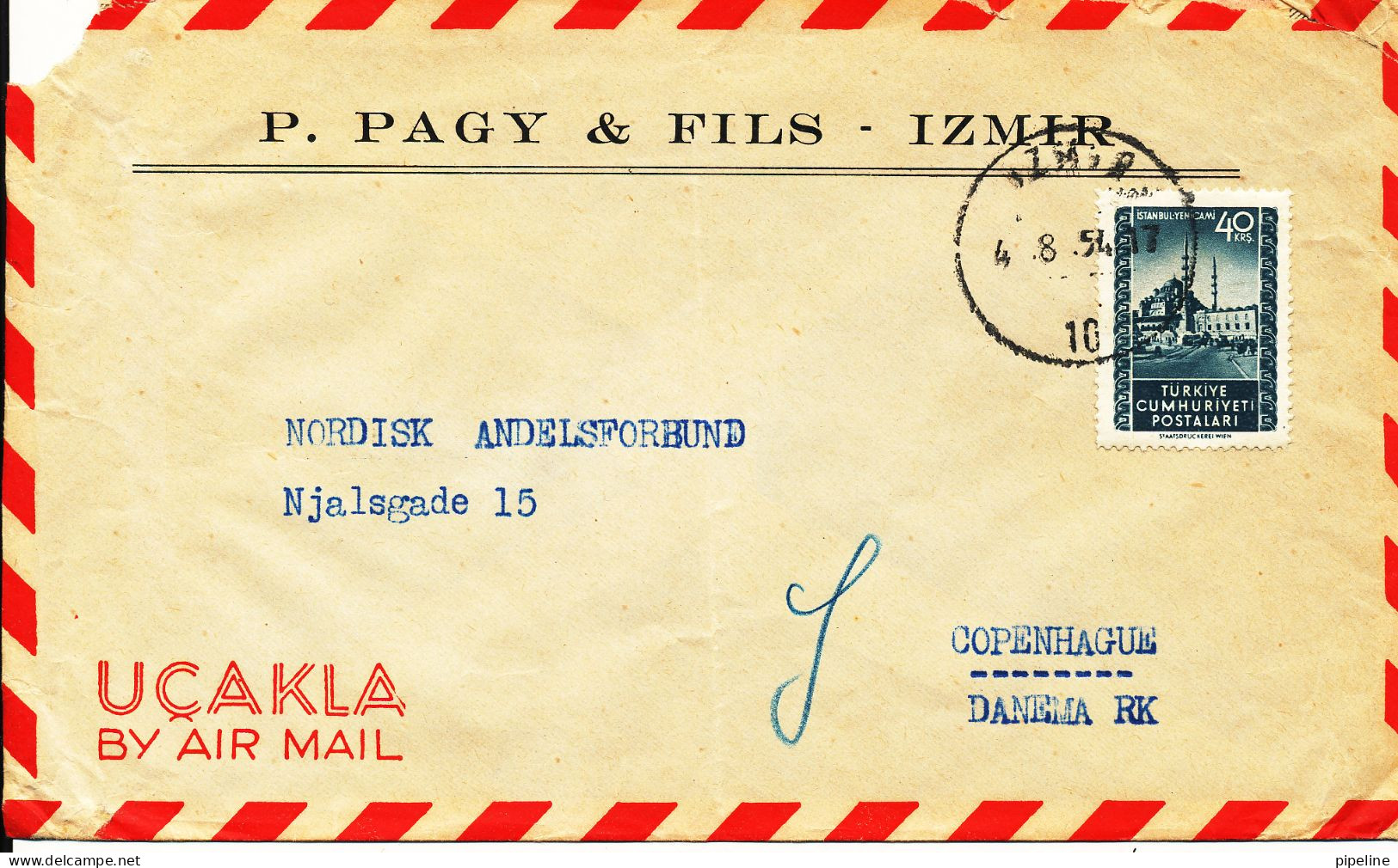 Turkey Air Mail Cover Sent To Denmark Izmir 4-8-1954 Single Franked Folded Cover - Poste Aérienne