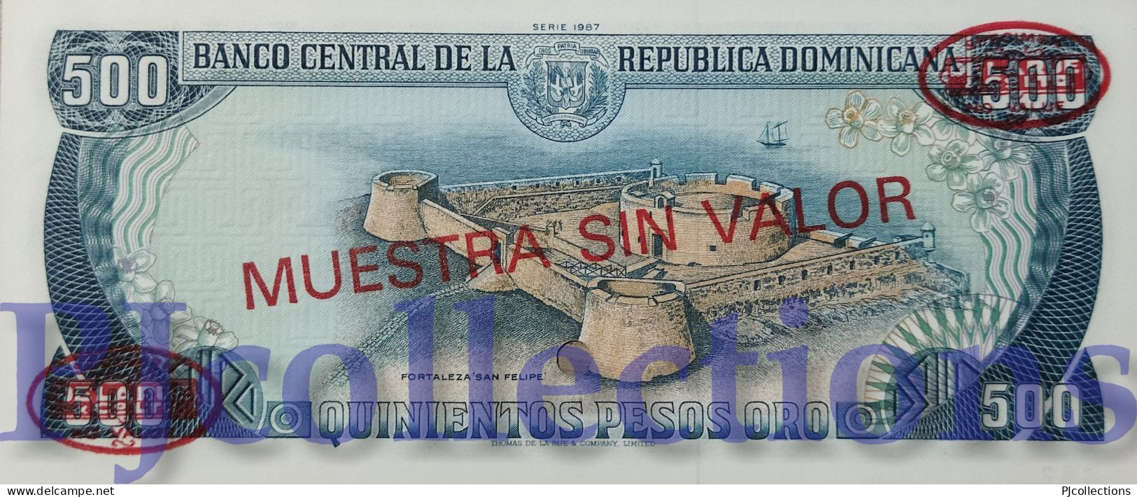 DOMINICAN REPUBLIC 500 PESOS ORO 1987 PICK 123S2 SPECIMEN UNC - Dominikanische Rep.