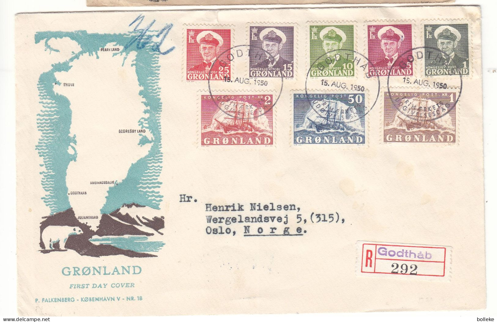 Groenland - Lettre Recom FDC De 1950 - Oblit Godthab - Bateaux - Valeur 60 Euros - - Storia Postale