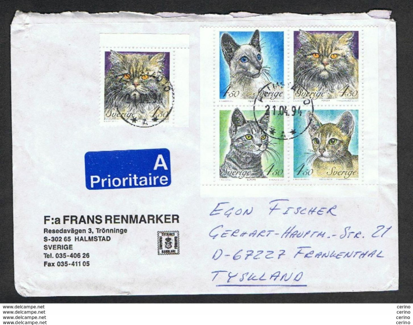 SWEDEN: 1994 PRIORITY COVERT WITH CATS 5 VAL. (1800/03) - TO GERMANY - Cartas & Documentos