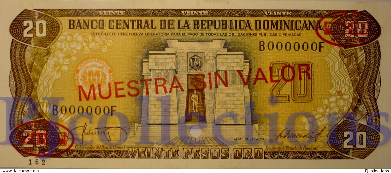 DOMINICAN REPUBLIC 20 PESOS ORO 1987 PICK 120S2 SPECIMEN UNC - República Dominicana