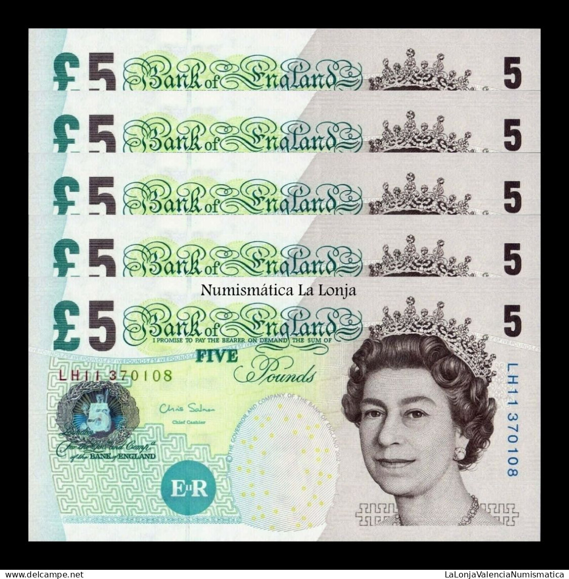 Gran Bretaña Great Britain Lot 5 Banknotes 5 Pounds Elizabeth II 2002 Pick 391d Sc Unc - 5 Pounds