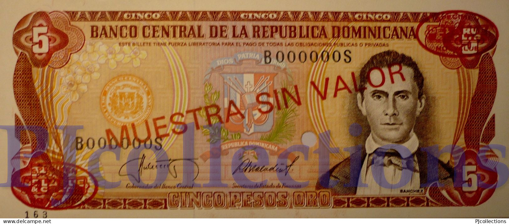 DOMINICAN REPUBLIC 5 PESOS ORO 1987 PICK 118S2 SPECIMEN UNC - Dominicana