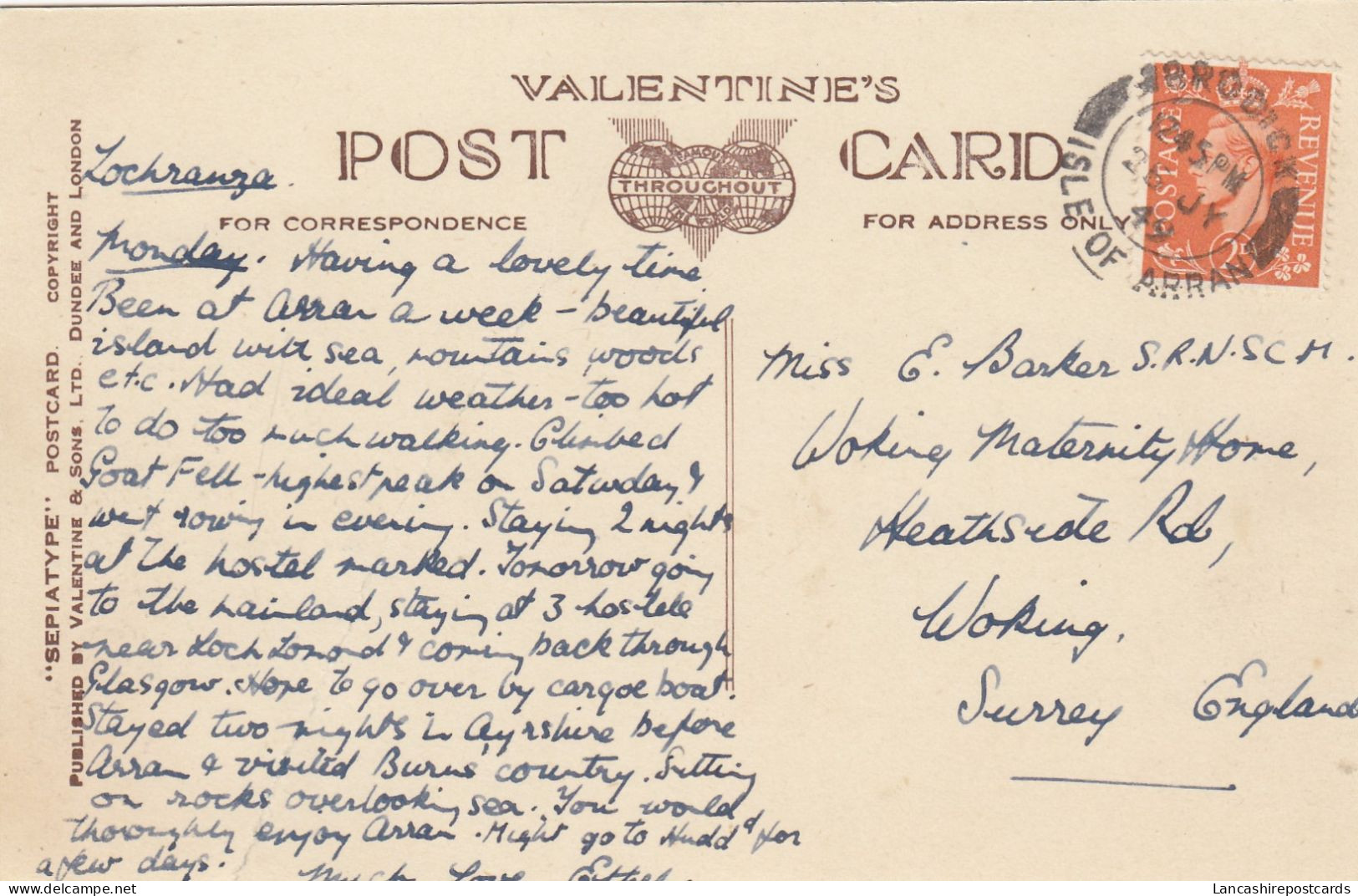 Postcard Hotel And Castle Lochranza Isle Of Arran Scotland PU 1949 [ Valentine ] My Ref B14803 - Ayrshire