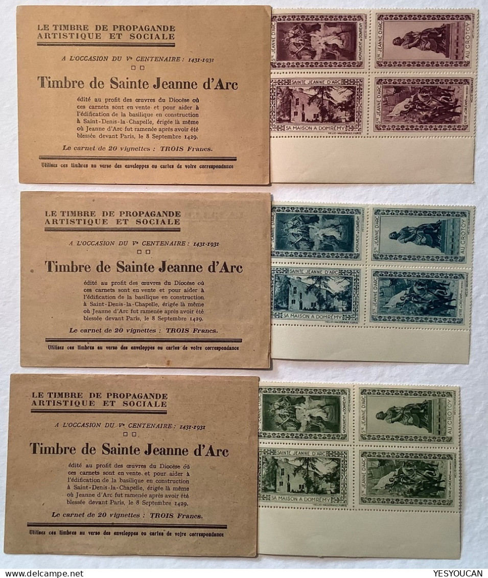 FRANCE 1931 3 CARNET 8 VIGNETTE SAINTE JEANNE D‘ ARC 1431-1931 (erinnophilie Poster Stamps Hélio Vaugirard 1929 - Blocks & Sheetlets & Booklets