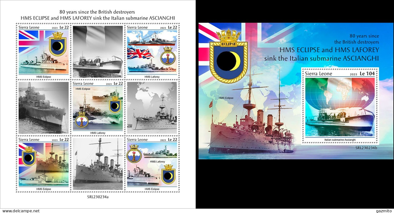 Sierra Leone 2023, WWII, British Destroyers And Italian Submarine, 4val In BF +BF - Duikboten