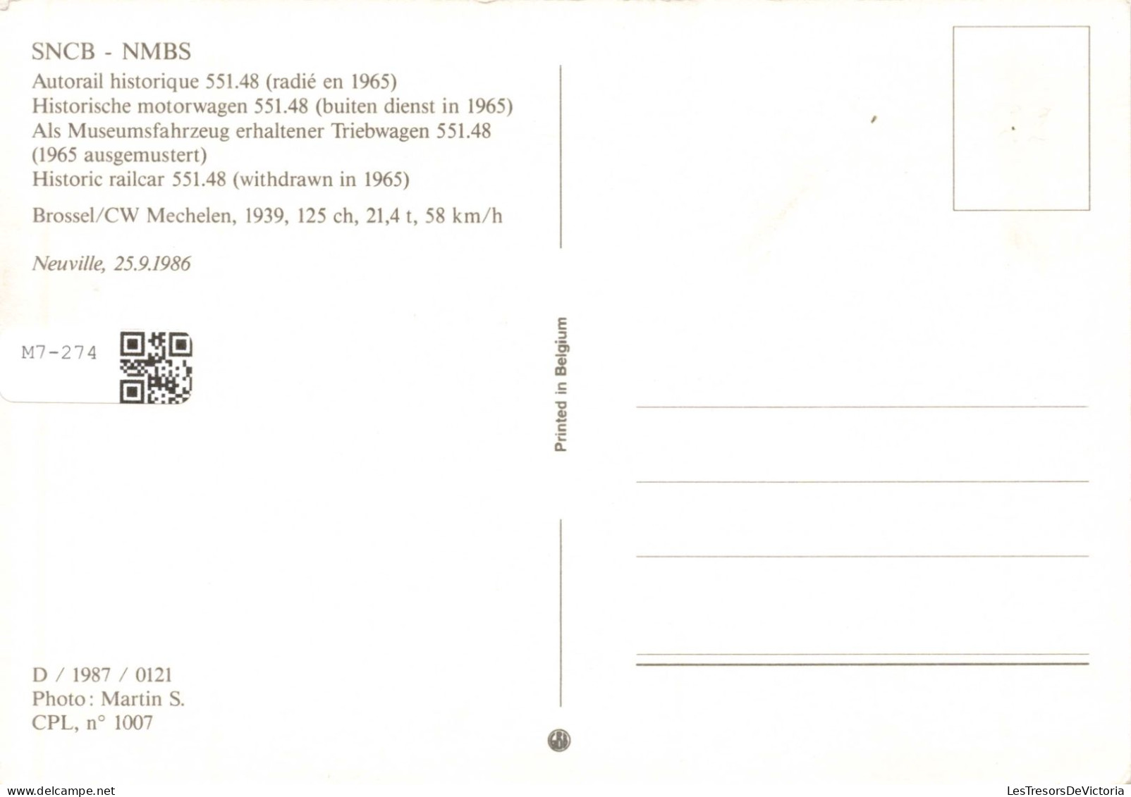 TRANSPORT - Trains - SNCB- NMBS - Autorail Historique 551.48 (radié En 1965)  - Carte Postale - Trains