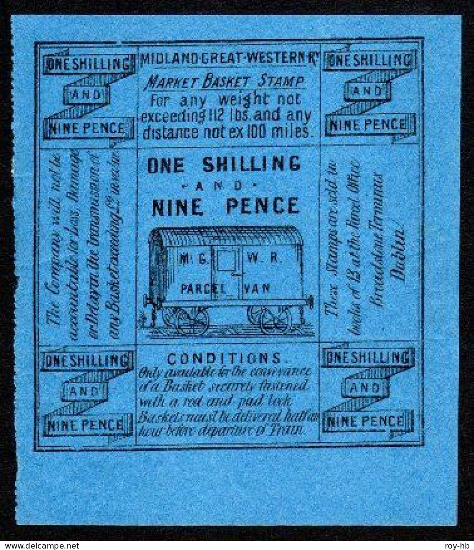 Midland Great Western 1877 Market Basket Stamp 1/9 On Blue For "up To 112 Lbs And Up To 100 Miles", Hinged Mint - Railway & Parcel Post